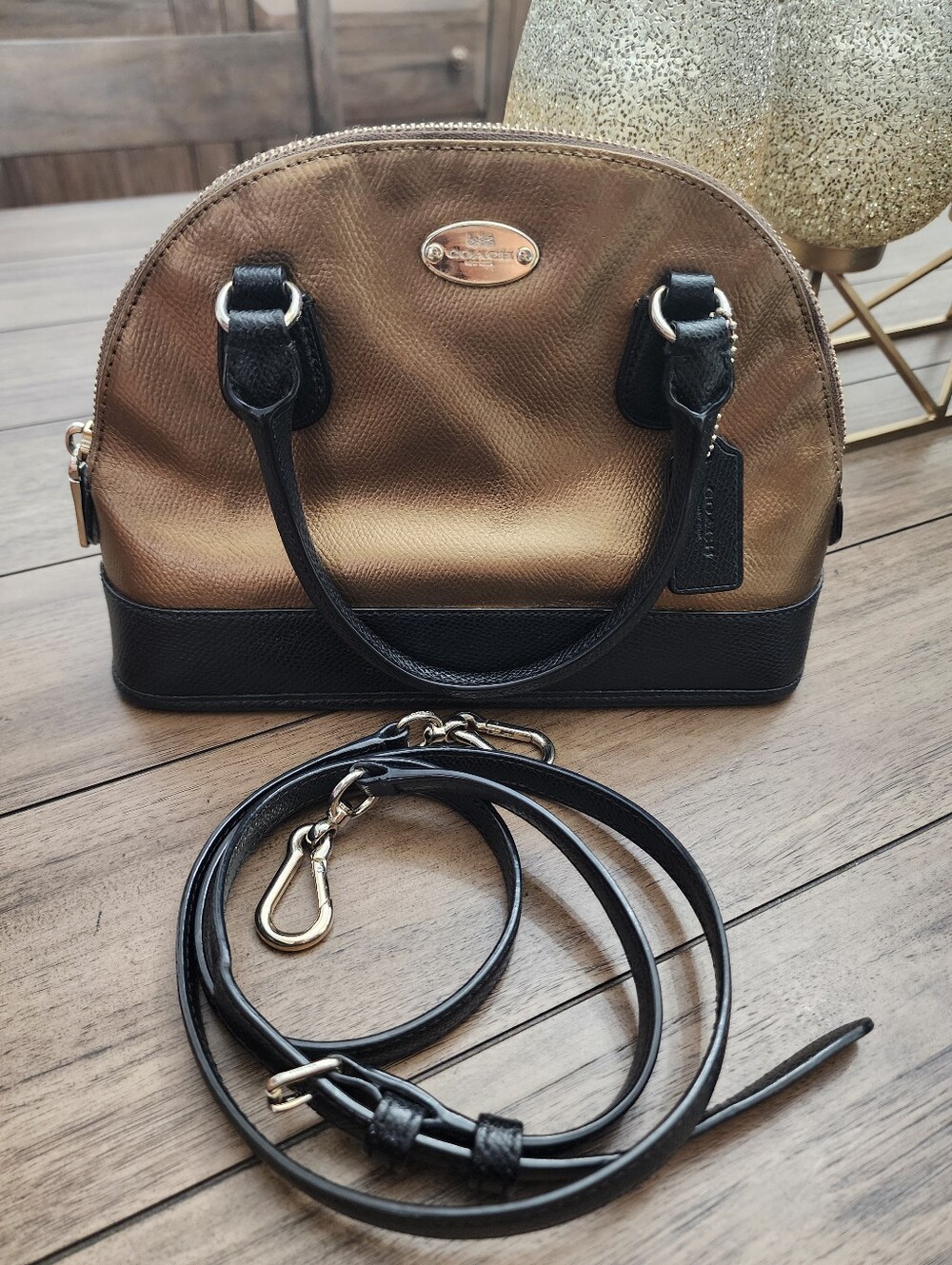 Two-Tone Black and Gold Dome Satchel Handbag